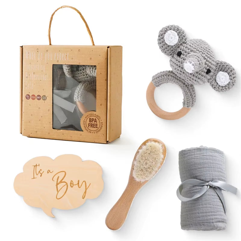 Newborn Bath Gift Set Double Sided Cotton Blanket Wooden Milestone Cards Gifts Box Wooden Crochet Rattle Brushs for Baby Shower