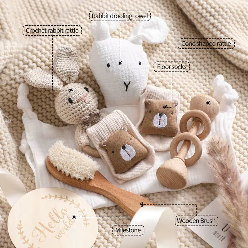 Newborn Bath Gift Set Double Sided Cotton Blanket Wooden Milestone Cards Gifts Box Wooden Crochet Rattle Brushs for Baby Shower