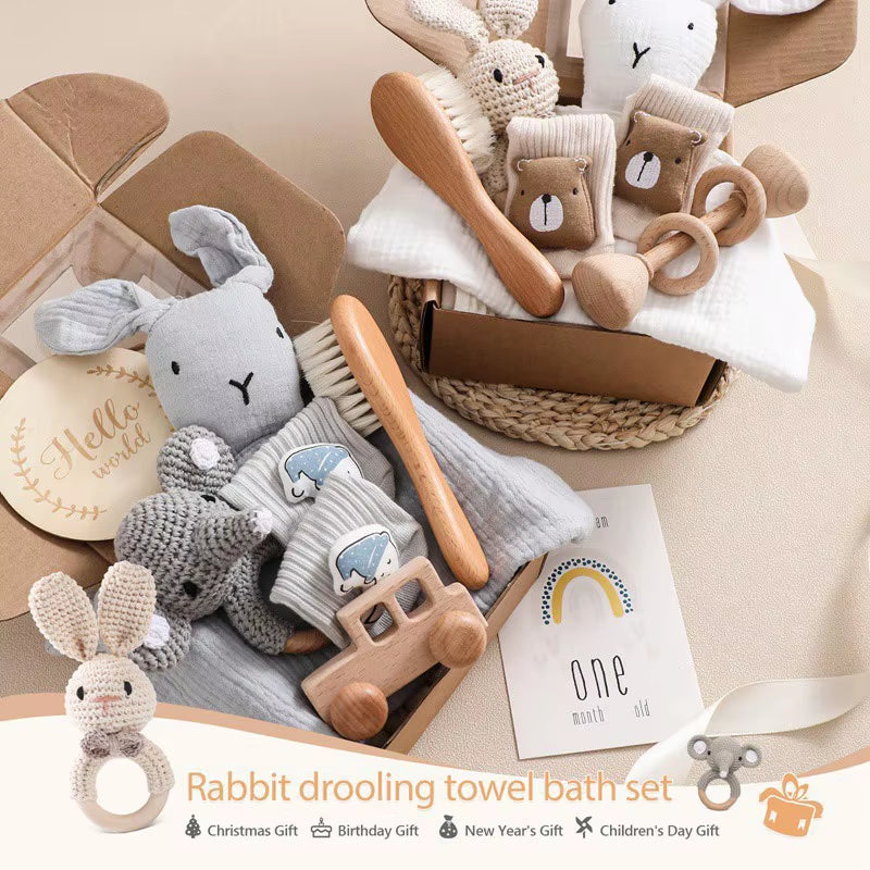 Newborn Bath Gift Set Double Sided Cotton Blanket Wooden Milestone Cards Gifts Box Wooden Crochet Rattle Brushs for Baby Shower