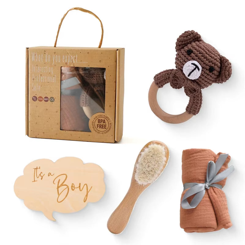 Newborn Bath Gift Set Double Sided Cotton Blanket Wooden Milestone Cards Gifts Box Wooden Crochet Rattle Brushs for Baby Shower