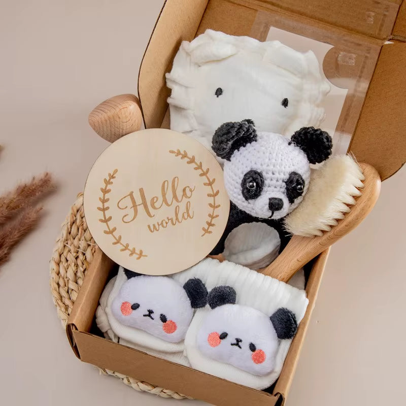 Newborn Bath Gift Set Double Sided Cotton Blanket Wooden Milestone Cards Gifts Box Wooden Crochet Rattle Brushs for Baby Shower