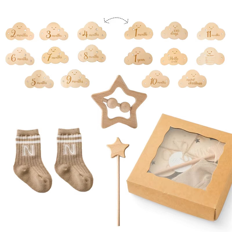 Newborn Bath Gift Set Double Sided Cotton Blanket Wooden Milestone Cards Gifts Box Wooden Crochet Rattle Brushs for Baby Shower