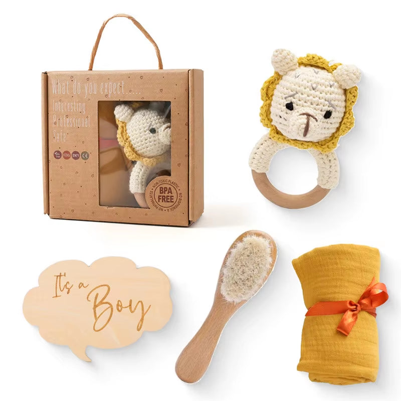 Newborn Bath Gift Set Double Sided Cotton Blanket Wooden Milestone Cards Gifts Box Wooden Crochet Rattle Brushs for Baby Shower