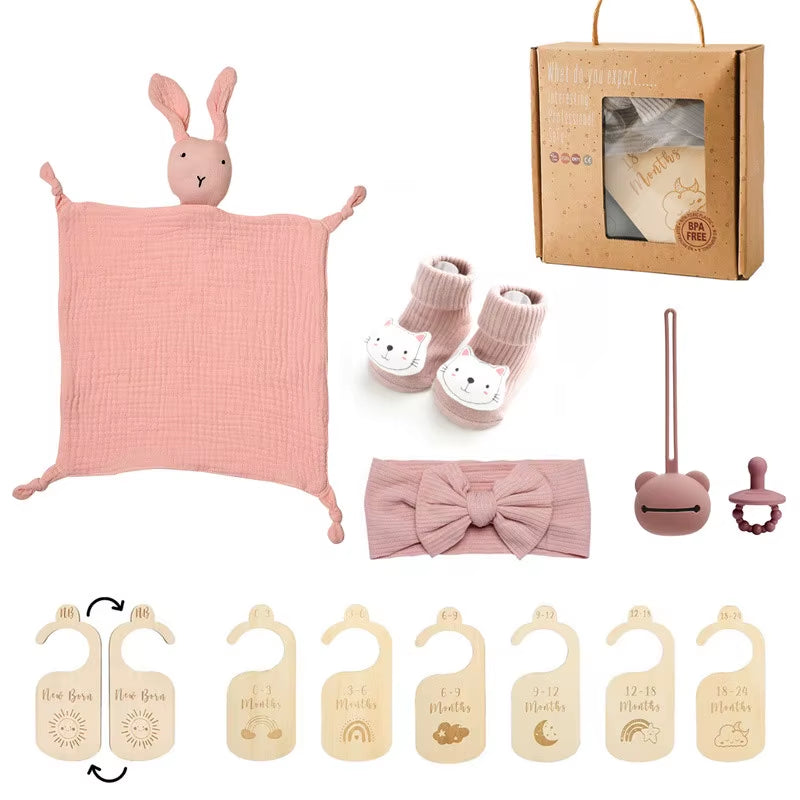 Newborn Bath Gift Set Double Sided Cotton Blanket Wooden Milestone Cards Gifts Box Wooden Crochet Rattle Brushs for Baby Shower