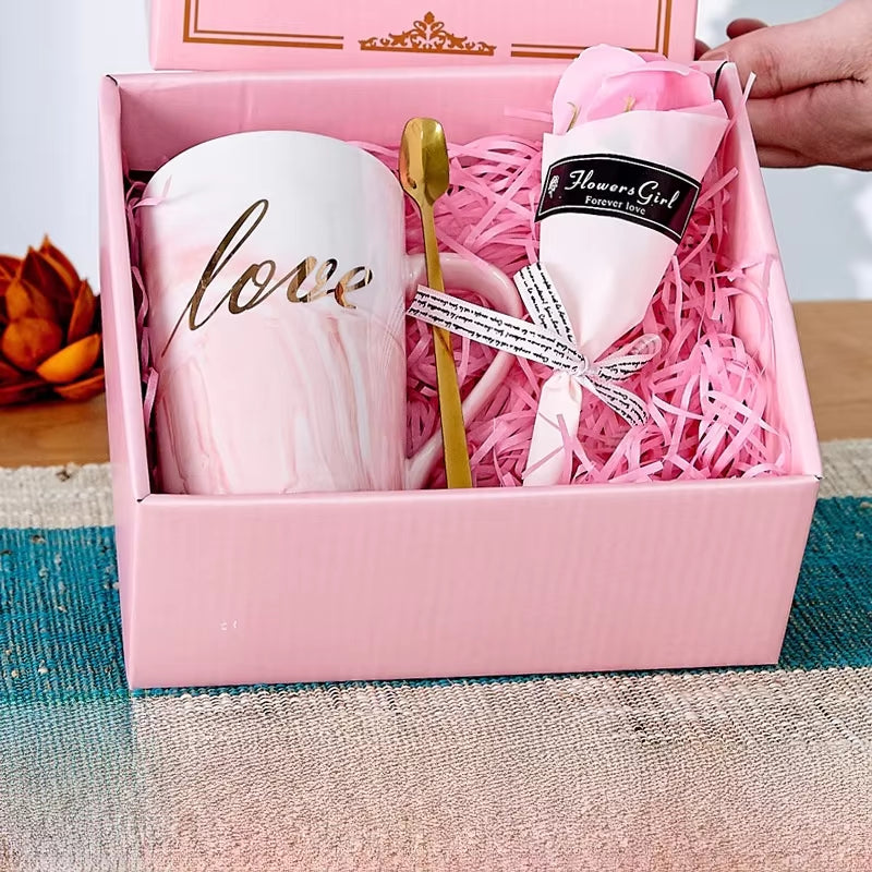 New Souvenir Wedding Guest Gift Set Birthday Gift Cup Spoon Simulated Flower Gift Box Valentine'S Day Thoughtful Gift Box Set
