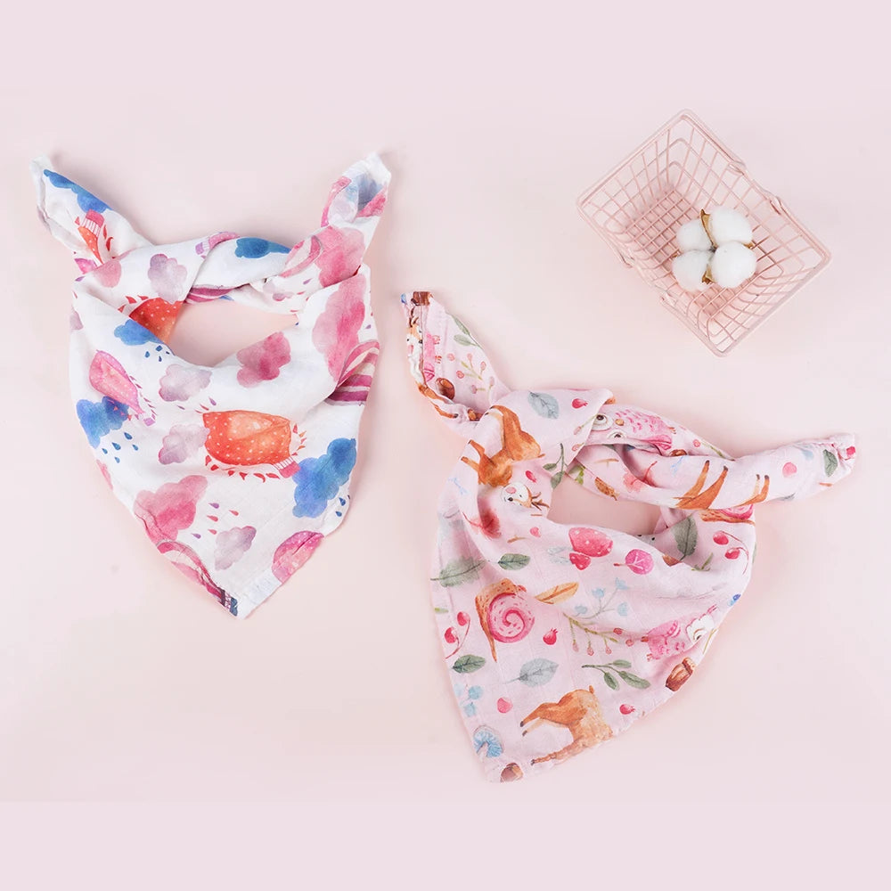Elinfant 5Pcs Gift Set Bamboo Cotton Muslin Bib Burp Cloth 100% Cotton 60*60Cm 2 Layers Baby Scarf Handkerchief