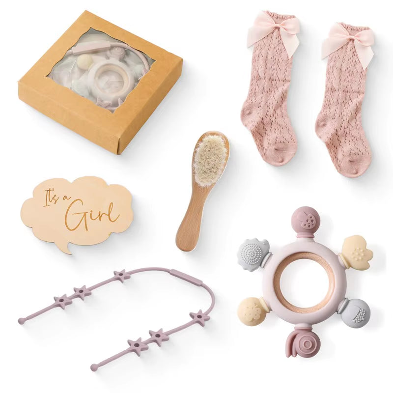 Newborn Bath Gift Set Double Sided Cotton Blanket Wooden Milestone Cards Gifts Box Wooden Crochet Rattle Brushs for Baby Shower