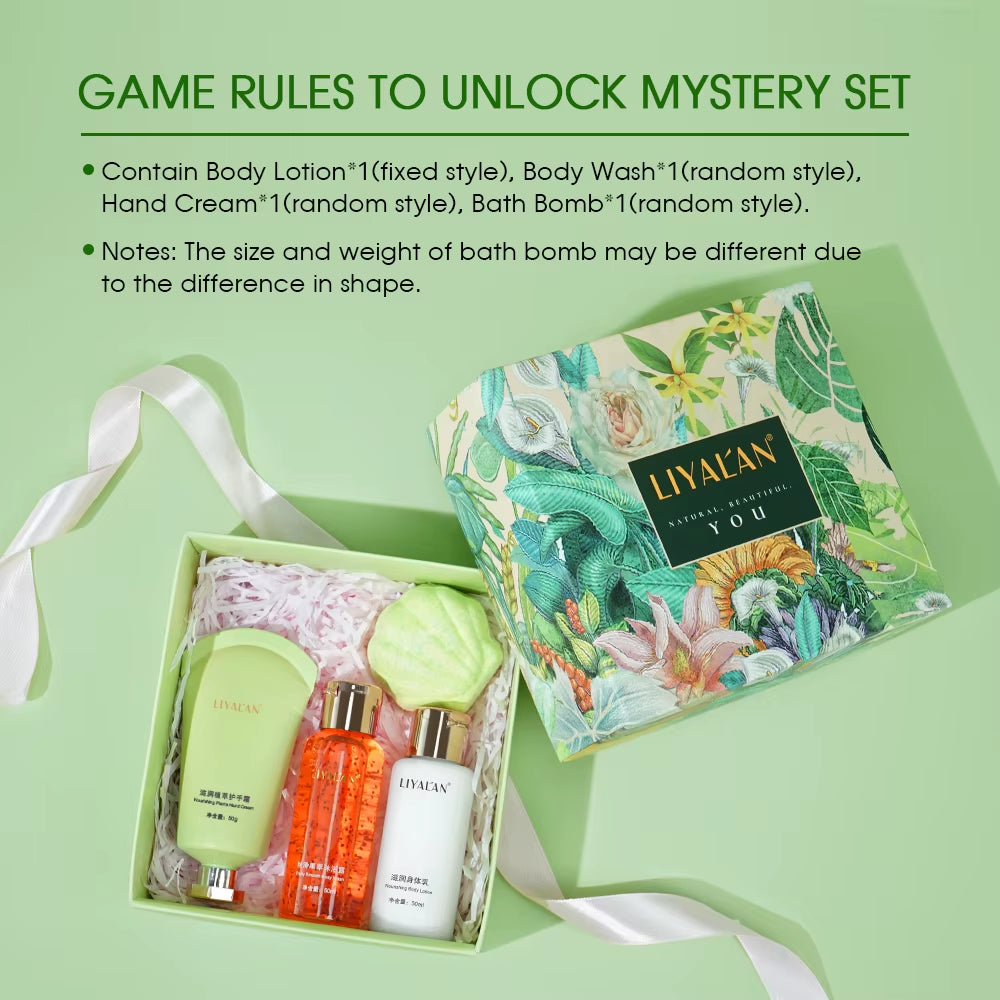 4Pcs Bath & Body Gift Set for Women, Nourishing Home Spa Kit with Body Wash, Bath Bomb, Body Lotion, Hand Cream