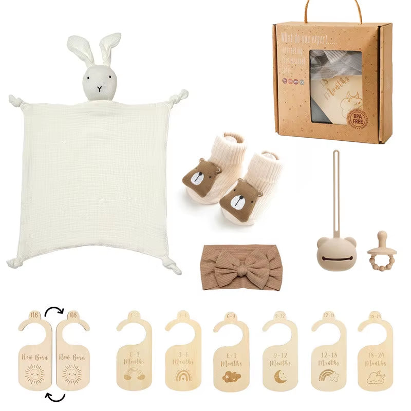 Baby Wooden Crochet Rattle Brushs Bracelet Towel Double Sided Cotton Blanket Newborn Bath Set Gifts Box for Baby Shower Gift