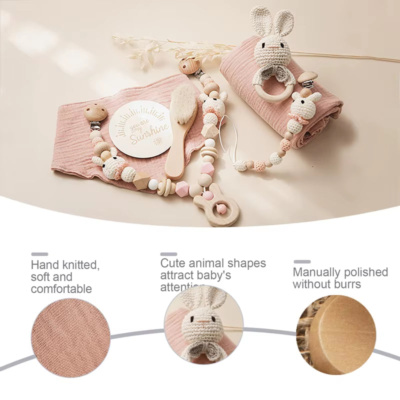 Newborn Baby Bath Towel Baby Toy Set Solid Color Cotton Blanket Wooden Rattle Milestone Crochet Animal Toys Baby Bath Gift