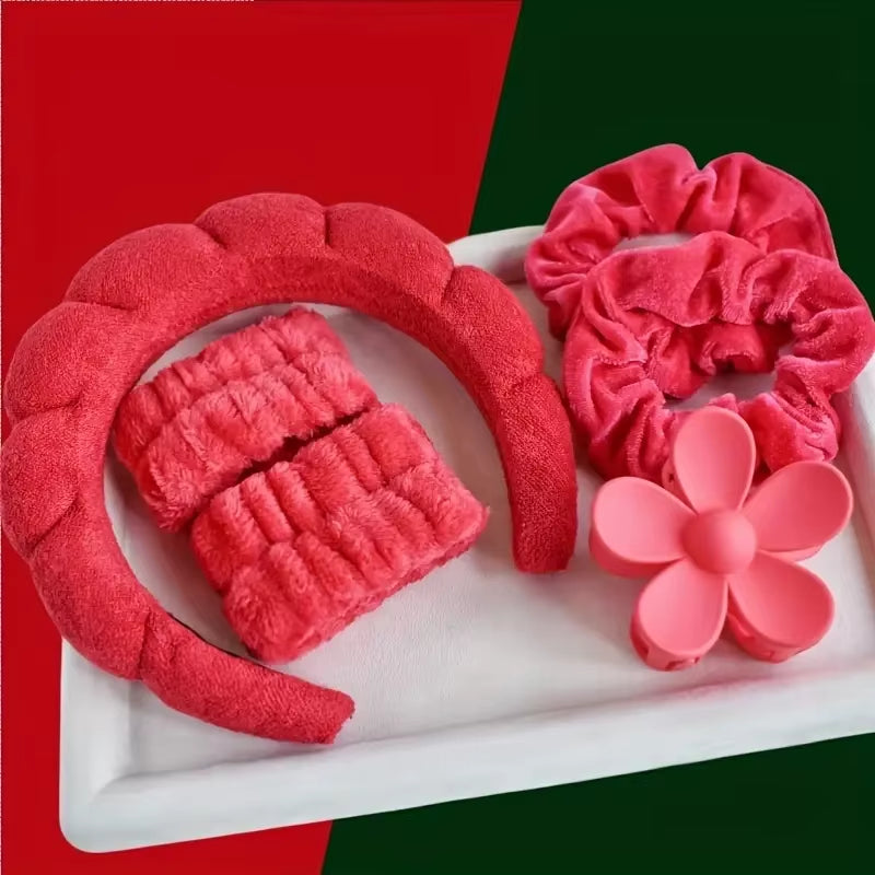 6Pcs/Set Women'S SPA Hairband Set, Headband Hair Hoop Claw Clip Velvet Hair Hoop Wristband for Washing Face Skincare Makeup Wear
