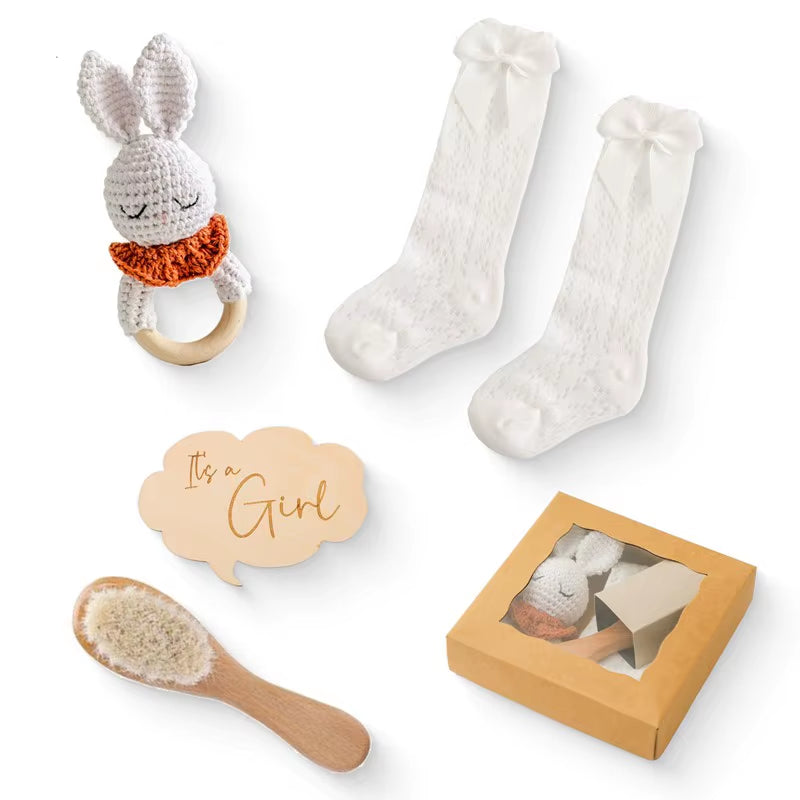 Baby Wooden Crochet Rattle Brushs Bracelet Towel Double Sided Cotton Blanket Newborn Bath Set Gifts Box for Baby Shower Gift