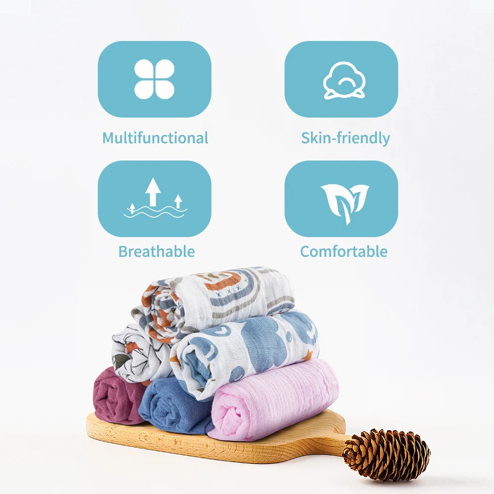 Elinfant 5Pcs Gift Set Bamboo Cotton Muslin Bib Burp Cloth 100% Cotton 60*60Cm 2 Layers Baby Scarf Handkerchief