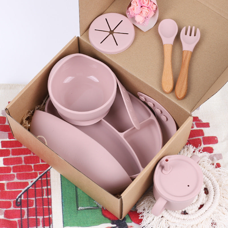 Baby Silicone Food Supplement Plate Bowl Spork Bib Seven-Piece Tableware Set