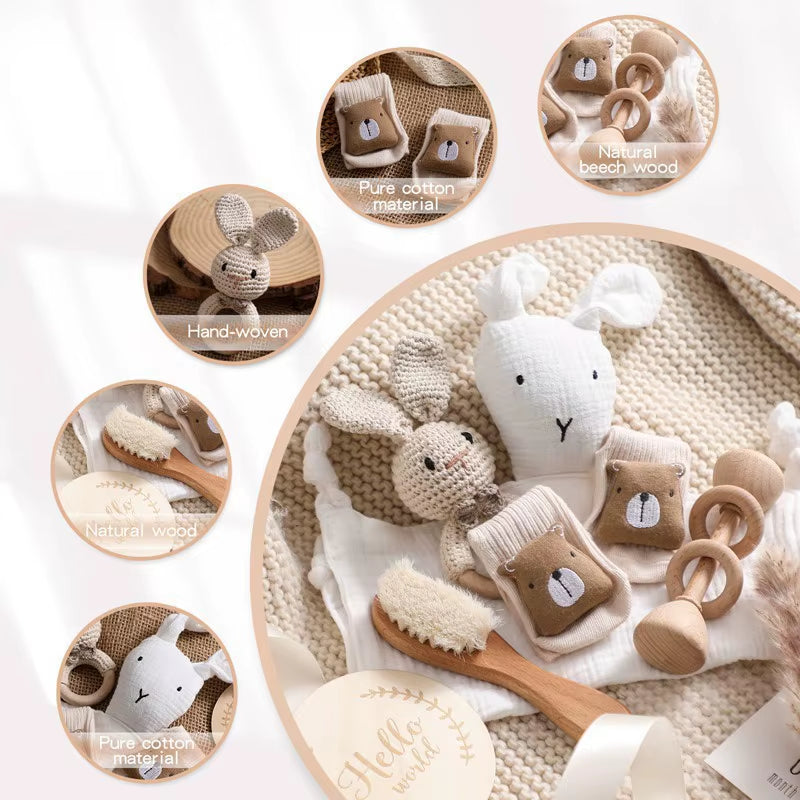 Baby Wooden Crochet Rattle Brushs Bracelet Towel Double Sided Cotton Blanket Newborn Bath Set Gifts Box for Baby Shower Gift