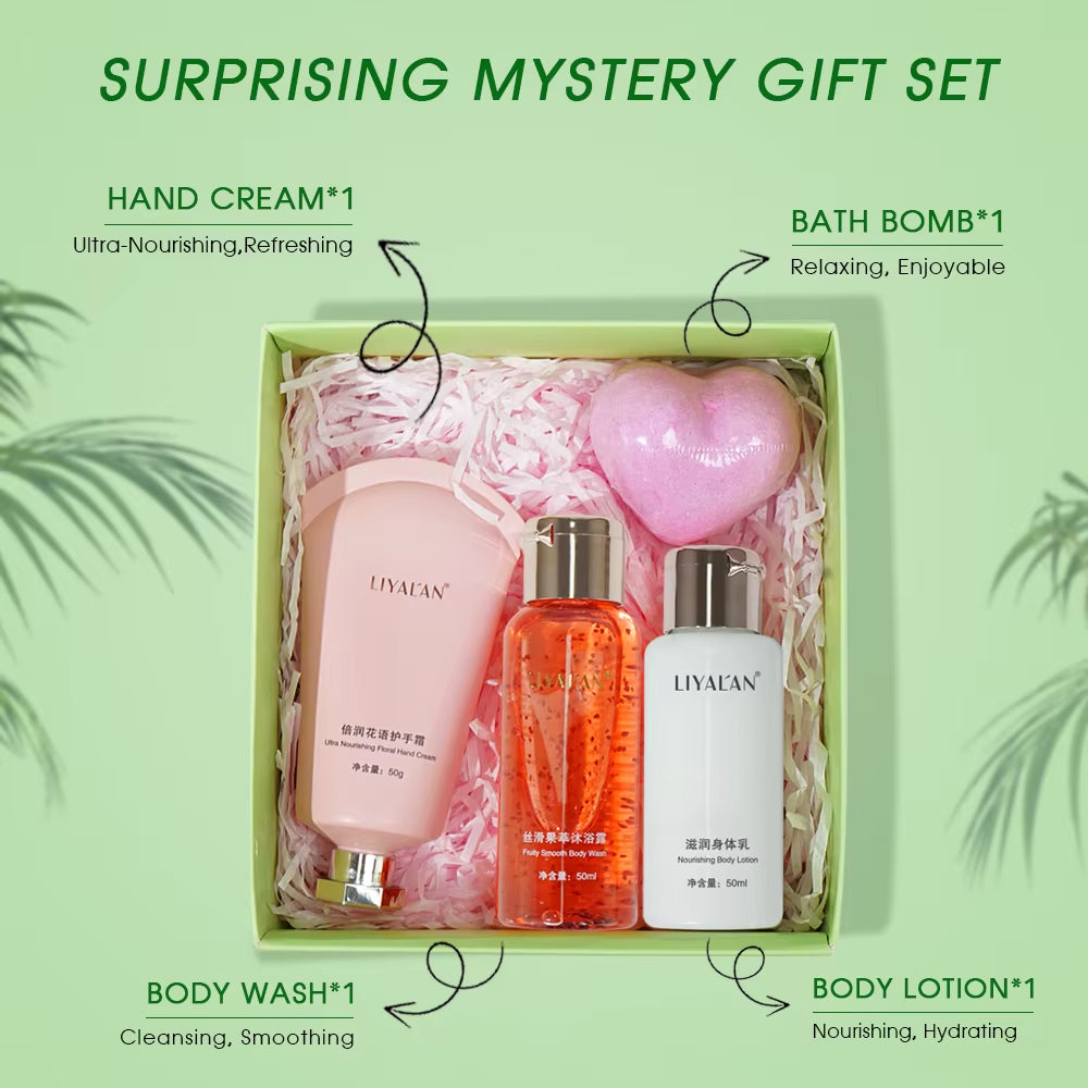 4Pcs Bath & Body Gift Set for Women, Nourishing Home Spa Kit with Body Wash, Bath Bomb, Body Lotion, Hand Cream
