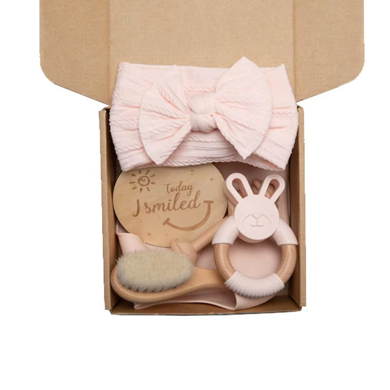 Baby Wooden Crochet Rattle Brushs Bracelet Towel Double Sided Cotton Blanket Newborn Bath Set Gifts Box for Baby Shower Gift