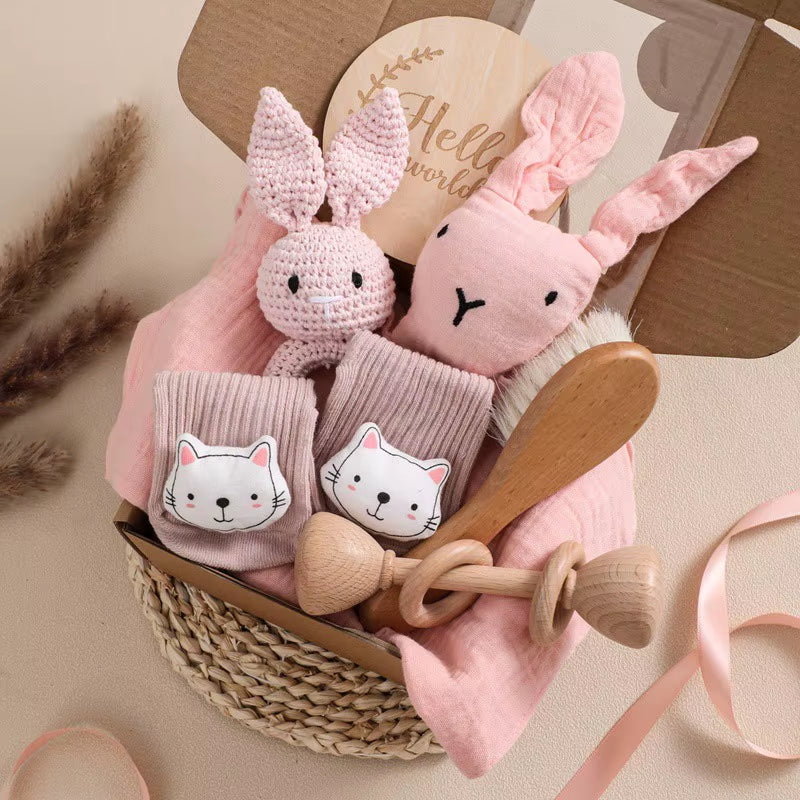 Baby Wooden Crochet Rattle Brushs Bracelet Towel Double Sided Cotton Blanket Newborn Bath Set Gifts Box for Baby Shower Gift