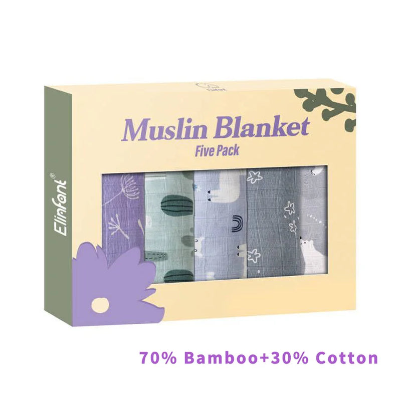 Elinfant 5Pcs Gift Set Bamboo Cotton Muslin Bib Burp Cloth 100% Cotton 60*60Cm 2 Layers Baby Scarf Handkerchief