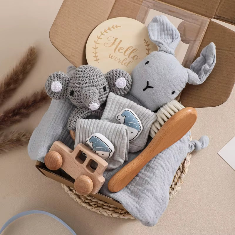 Baby Wooden Crochet Rattle Brushs Bracelet Towel Double Sided Cotton Blanket Newborn Bath Set Gifts Box for Baby Shower Gift