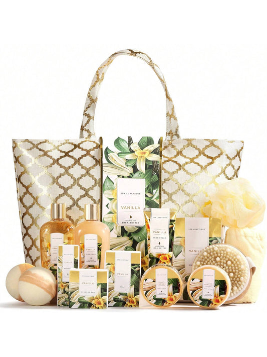 Spa Luxetique Gift Baskets for Women,15 Pcs Vanilla Spa Gifts for Women, Gifts for Women with Bubble Bath, Bath Salt, Bath Bombs Birthday Gifts for Woman with Tote Bag, Spa Baskets for Women Gift