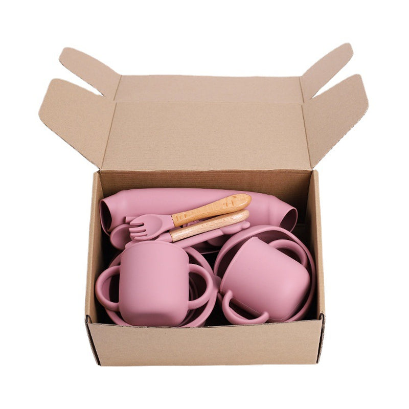 Baby Silicone Food Supplement Plate Bowl Spork Bib Seven-Piece Tableware Set