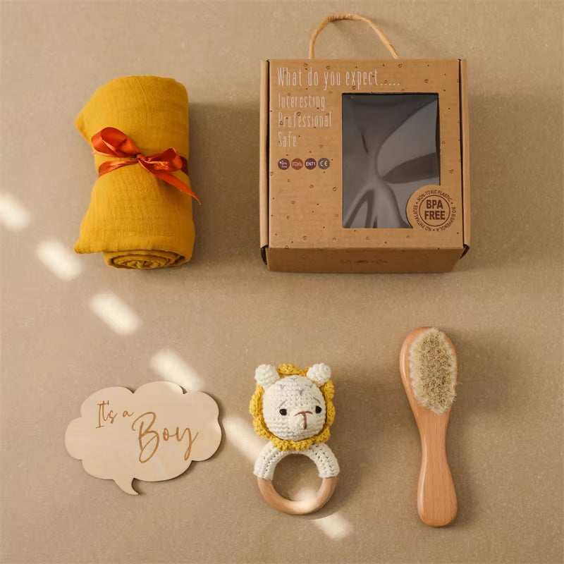 Baby Towel Newborn Bath Set Gifts Box Double Sided Cotton Blanket Wooden Rattle Brushs Bracelet Crochet Baby Bath Gifts Products