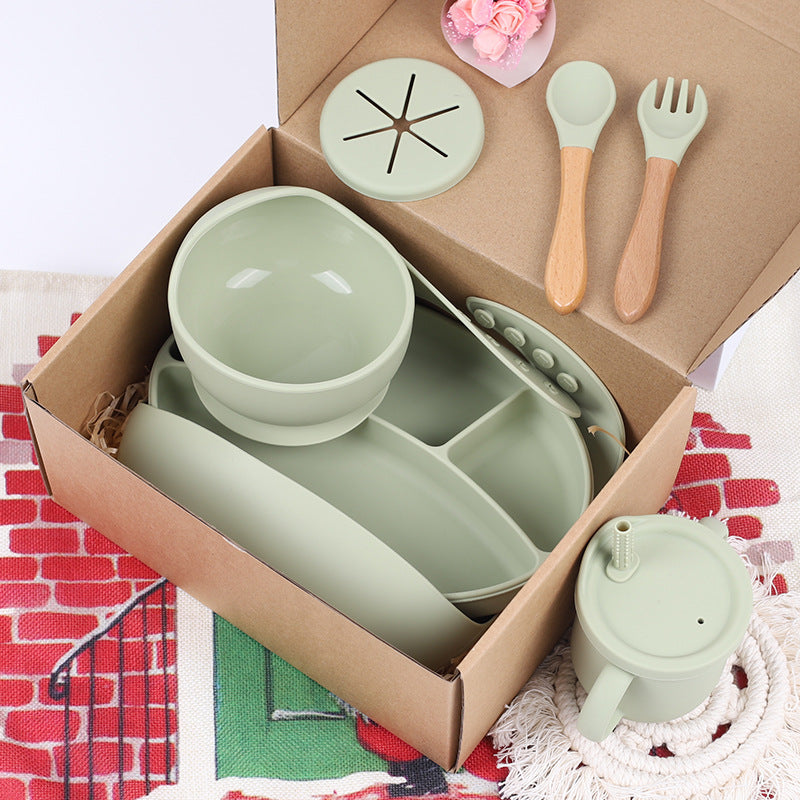 Baby Silicone Food Supplement Plate Bowl Spork Bib Seven-Piece Tableware Set