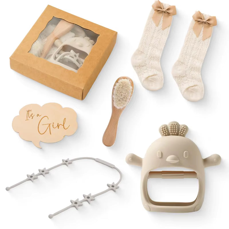 Baby Wooden Crochet Rattle Brushs Bracelet Towel Double Sided Cotton Blanket Newborn Bath Set Gifts Box for Baby Shower Gift