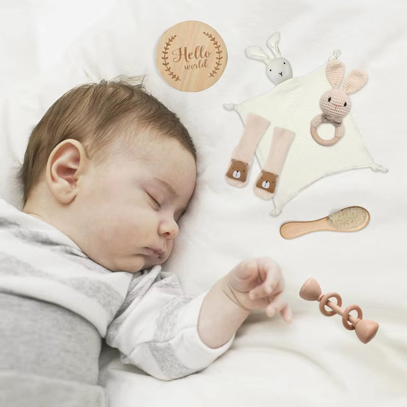 Baby Wooden Crochet Rattle Brushs Bracelet Towel Double Sided Cotton Blanket Newborn Bath Set Gifts Box for Baby Shower Gift