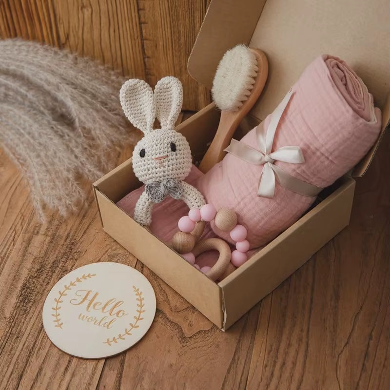 Baby Wooden Crochet Rattle Brushs Bracelet Towel Double Sided Cotton Blanket Newborn Bath Set Gifts Box for Baby Shower Gift