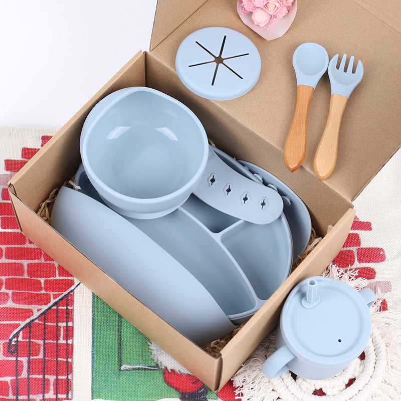 Baby Silicone Food Supplement Plate Bowl Spork Bib Seven-Piece Tableware Set