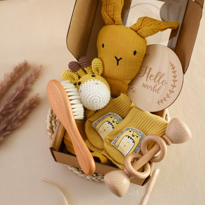 Baby Wooden Crochet Rattle Brushs Bracelet Towel Double Sided Cotton Blanket Newborn Bath Set Gifts Box for Baby Shower Gift