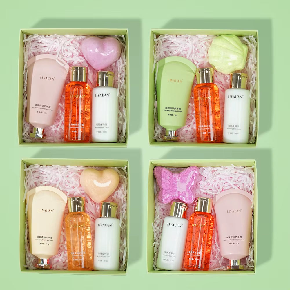 4Pcs Bath & Body Gift Set for Women, Nourishing Home Spa Kit with Body Wash, Bath Bomb, Body Lotion, Hand Cream