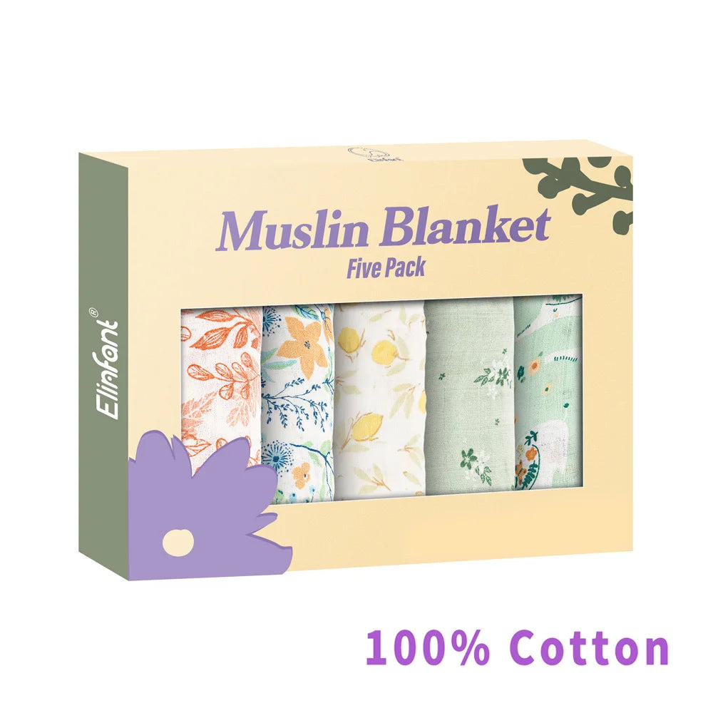 Elinfant 5Pcs Gift Set Bamboo Cotton Muslin Bib Burp Cloth 100% Cotton 60*60Cm 2 Layers Baby Scarf Handkerchief