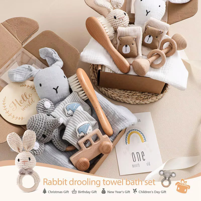 Baby Wooden Crochet Rattle Brushs Bracelet Towel Double Sided Cotton Blanket Newborn Bath Set Gifts Box for Baby Shower Gift