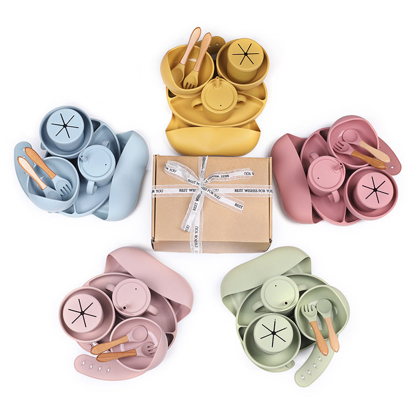 Baby Silicone Food Supplement Plate Bowl Spork Bib Seven-Piece Tableware Set