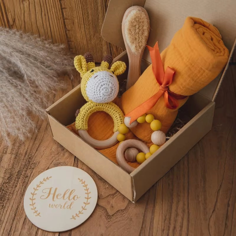 Baby Wooden Crochet Rattle Brushs Bracelet Towel Double Sided Cotton Blanket Newborn Bath Set Gifts Box for Baby Shower Gift