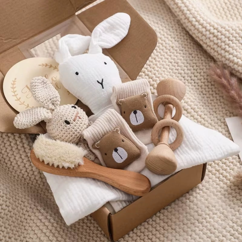 Baby Wooden Crochet Rattle Brushs Bracelet Towel Double Sided Cotton Blanket Newborn Bath Set Gifts Box for Baby Shower Gift