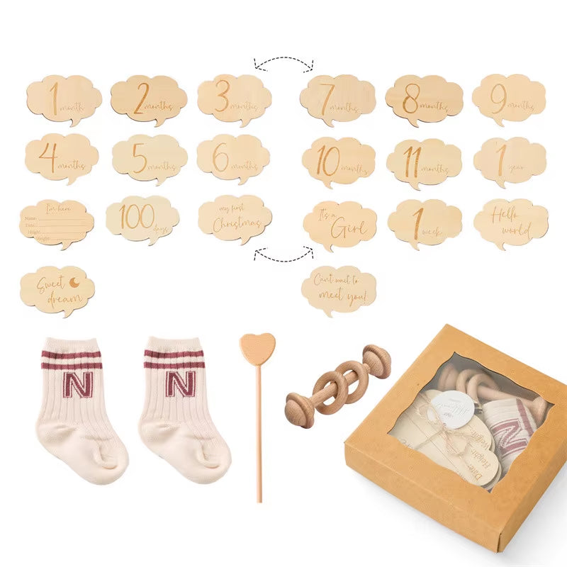 Baby Wooden Crochet Rattle Brushs Bracelet Towel Double Sided Cotton Blanket Newborn Bath Set Gifts Box for Baby Shower Gift