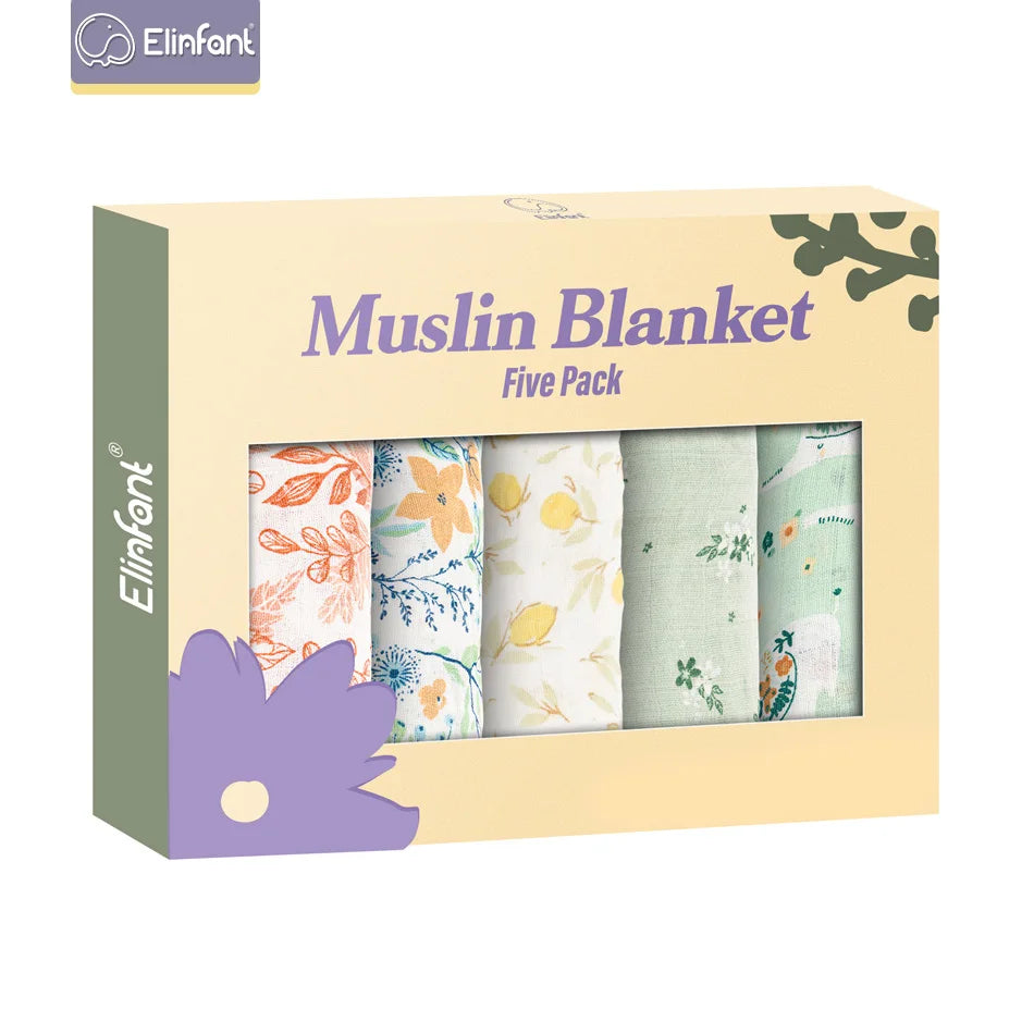 Elinfant 5Pcs Gift Set Bamboo Cotton Muslin Bib Burp Cloth 100% Cotton 60*60Cm 2 Layers Baby Scarf Handkerchief