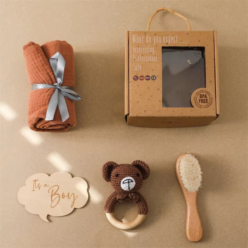 Baby Towel Newborn Bath Set Gifts Box Double Sided Cotton Blanket Wooden Rattle Brushs Bracelet Crochet Baby Bath Gifts Products