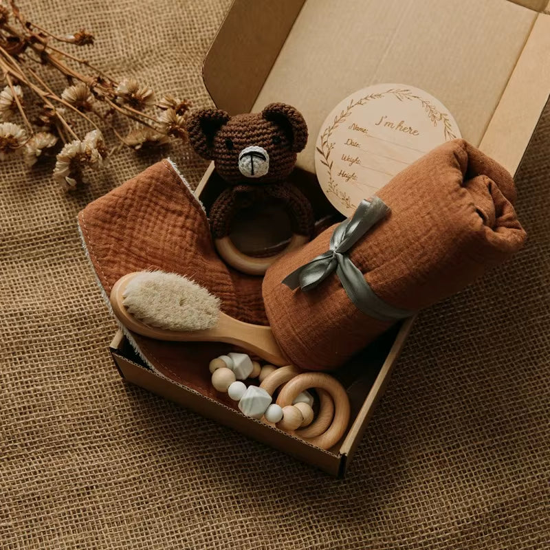 Baby Wooden Crochet Rattle Brushs Bracelet Towel Double Sided Cotton Blanket Newborn Bath Set Gifts Box for Baby Shower Gift