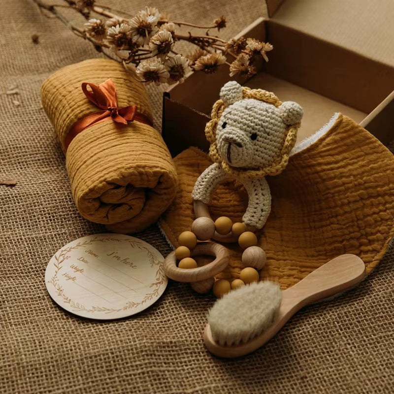 Baby Wooden Crochet Rattle Brushs Bracelet Towel Double Sided Cotton Blanket Newborn Bath Set Gifts Box for Baby Shower Gift