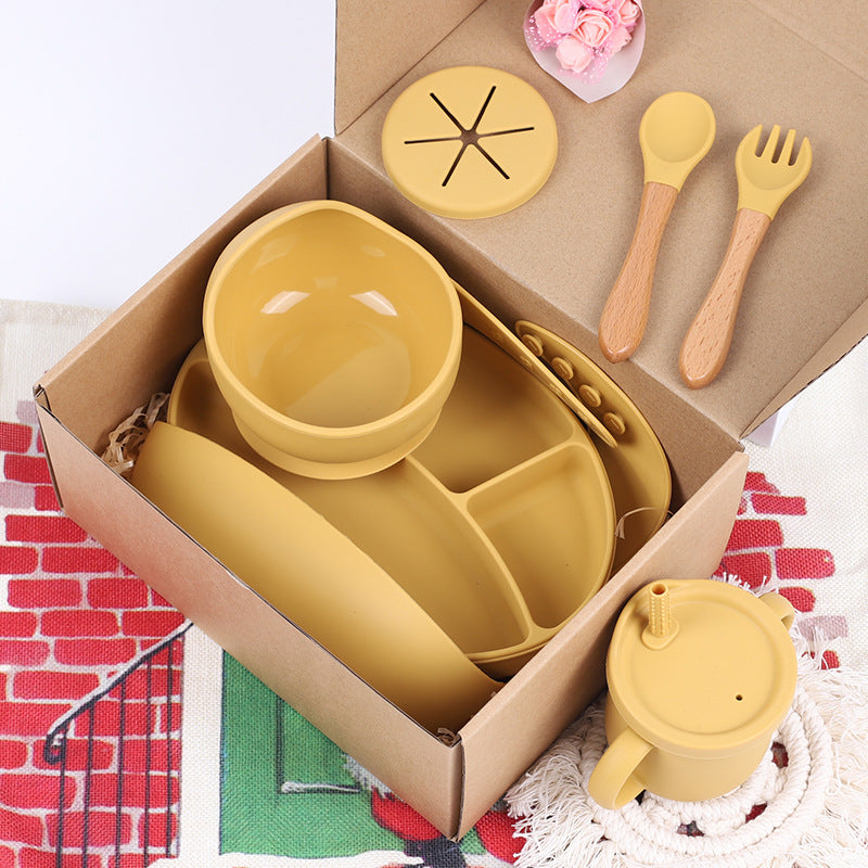 Baby Silicone Food Supplement Plate Bowl Spork Bib Seven-Piece Tableware Set